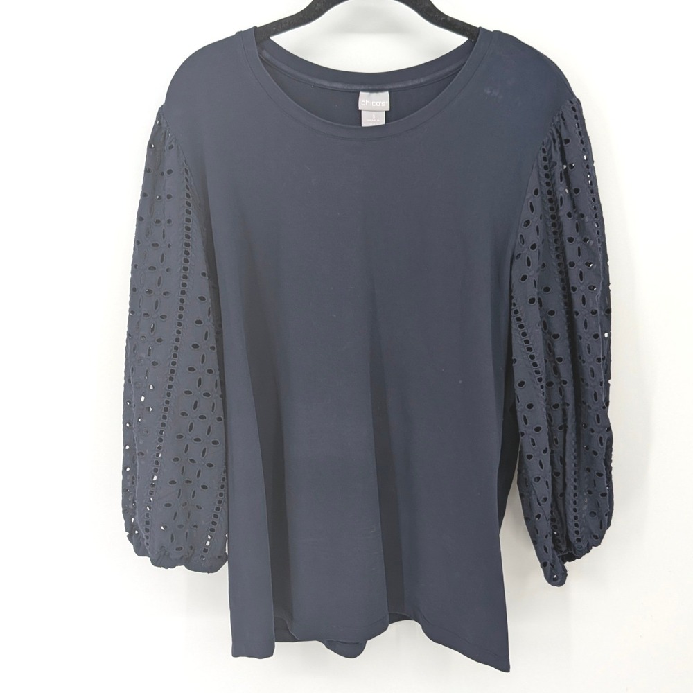 Chicos Top Women XL Blue Eyelet Sleeve Knit Jersey Pullover Cottagecore Nautical